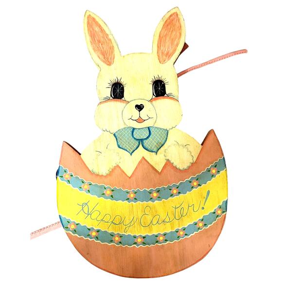 Vintage Easter Bunny Rabbit Wood Plaque Decoration Hand Made Hand Painted 1990 - Picture 1 of 9